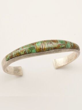 Navajo Frank Chee Turquoise Inlay Sterling Silver Cuff Bracelet Native American
